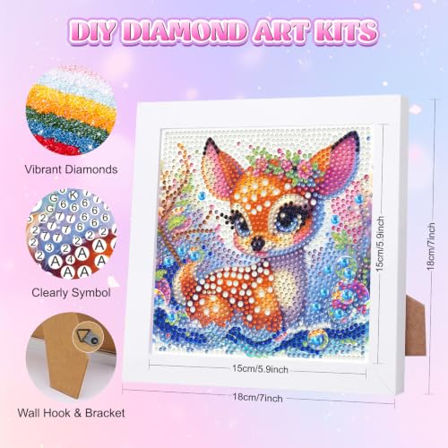 GHHKUD Cute Bambi Deer Diamond Art Painting Kits for Kids with Frame, Forest Animal Diamond Art Adults Kids Crafts for Ages 4-6-8-12, Easy to DIY Gifts Package Home Wall Decor 7x7inch - color: Cute Bambi Deer