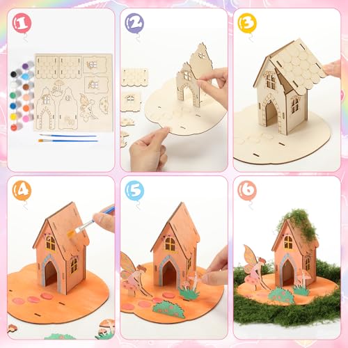 DoubleFill Wooden Fairy House Craft Kit with Paints, 18 Sets, Cute Tall - style: Cute Tall