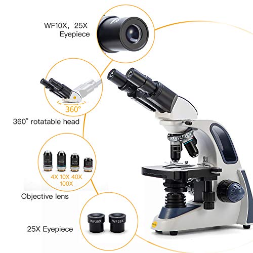 SWIFT SW380B 40X-2500X Magnification, Research-Grade Binocular Compound Lab Microscope, Mechanical Stage, with 5.0 mp Camera and Software Windows/Mac Compatible and 100pcs Blank Slides - style: SW380B+5.0 camera+sildes
