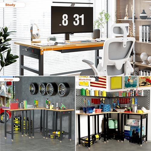 Betterhood 48"/60" Heavy-Duty Adjustable Workbench for Garage, Rubber Wood Shop Table,Hardwood Workstation Weight Capacity Over 1500 Lbs (Rubber Pad/Power Outlets/Ruler/63 x21.7 x35.8) - size: Rubber Pad/Power Outlets/Ruler/63"x21.7"x35.8"