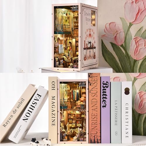 fifijoy Book Nook Kit - Sewing Room DIY Miniature House Dollhouse Kit for Adults and Teens, Booknook Tiny House Bookshelf Decor 3D Wooden Puzzle, Gifts for Family and Friends - color: Sewing Room