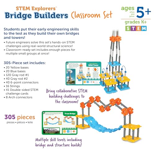 Learning Resources STEM Explorers Bridge Builders Classroom Set, 305 Pieces, STEM Projects for Students Ages 5+, Back to School and Teacher Supplies