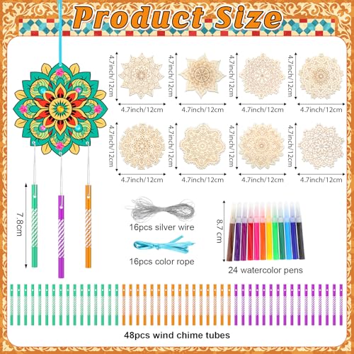 Amyhill 16 Pack Mandala DIY Wind Chime Kit, Wooden Coloring Craft, Gifts - style: Mandala