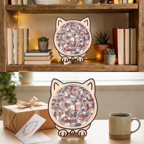 135 Pcs Cat Shaped Wooden Jigsaw Puzzle with Frame & Acrylic Cover, Maillard Color Animal Puzzle for Adults, Cute Cat Lover Gifts for Home Decor & Mindful Relaxation - color: Maillard Cat01