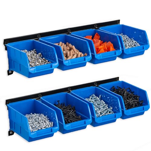 Wallmaster 8-Bin Storage Bins Garage Rack System 2-Tier Orange Tool Organizers Cube Baskets Wall Mount Organizations (Blue) (Pack of 2) - color: Blue, size: 8Bins+2Rails (Pack of 2)