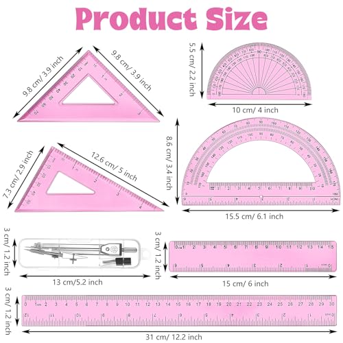 Zonon 7 Pcs Geometry Set with Drawing Compas, 6&4 Inch Protractors, Pink - color: Pink
