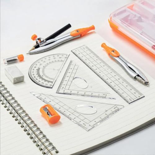 10 PCS Geometry Set, Math Compass, Protractor, Ruler and Set Squares Kit with Durable Storage Case, Complete School Supplies for Primary to High School (Black)