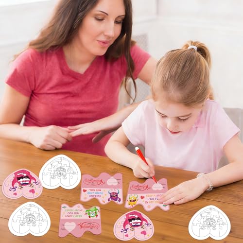 Fennoral 24 Pack Valentines Day Gifts for Kids Classroom Color Your Own Heart Monster Jigsaw Puzzles with Card DIY Coloring Valentine's Day Craft Kit Art Activities Valentines Party Favor Supplies - color: 24 Heart