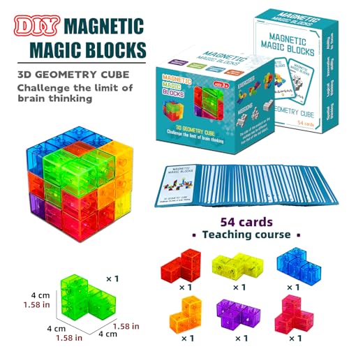 Magnetic Building Blocks Magic Magnetic 3D Puzzle Cubes, Set of 7 Multi Shapes Magnetic Blocks with 54 Guide Cards, Parent-Child Interactive Children's Educational Toys (7 Color) - color: 7color
