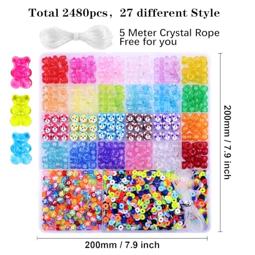 BBita 2480pcs Acrylic Bear Polymer Clay Beads Charms for Bracelets Making Kit Cute Fun Charms Beads Friendship Bracelet Making DIY Arts Crafts Birthday Gifts Toys for Kids Girls - color: A8#Bear Beads