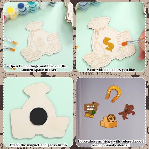 JellyArch 24 Pcs West Cowboy Wooden Painting Kits with Magnets, 12 Designs - style: West Cowboy