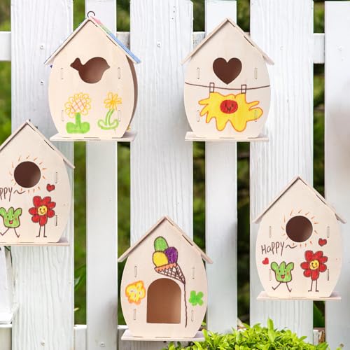 Outus 12 Pcs 5 × 7 Inch DIY Wooden Birdhouse Kit for Kids, Exquisite - style: Exquisite