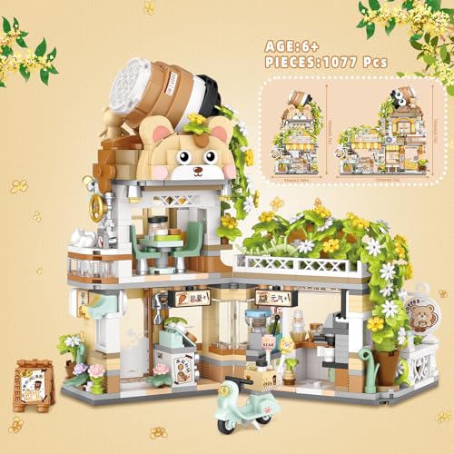 Street View Coffee Shop Mini Building Blocks, MOC Creative Building Toys Cute Animals Building Set for Girls 6-12, Simulation Architecture Construction Toy, Gift Idea for Kids Adults (1077 PCS) - style: Coffee Shop