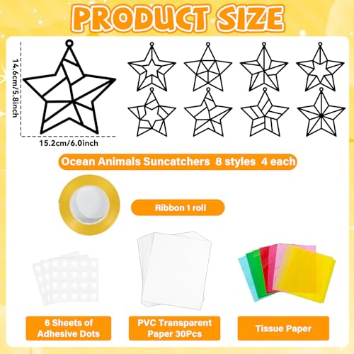 QOUBAI 32 Sets Stars Suncatchers Craft Back to School DIY Stained Glass Window Patriotic 4th of July Paper Craft Home School Classroom Decor Kid Birthday Gift Creative Art Activity Game - style: Star