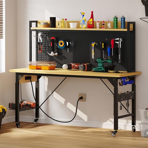 YITAHOME 60in Adjustable Workbench with Pegboard & Wheels 1600lb Load - size: 60" Workbench w/Pegboard