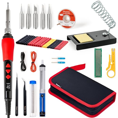 Soldering Iron Kit, 60W LED Display Digital Solder Pen, 5 Replaceable Tips, 21-in-1 Fast Heating with Solder Wire, Stand, Desoldering Pump, for Electronics Repair Hobby DIY 120V US Plug from Plusivo