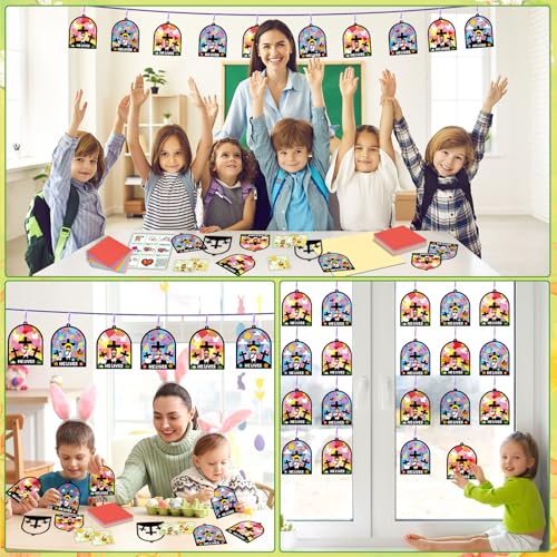 Qyeahkj 36 Set Easter Jesus Cross Suncatchers Crafts for DIY Christian Religion Cross Window Tissue Paper Craft Kit Hanging Decor for Home Activity Art Project Birthday Party Favor - style: Easter Jesus Cross