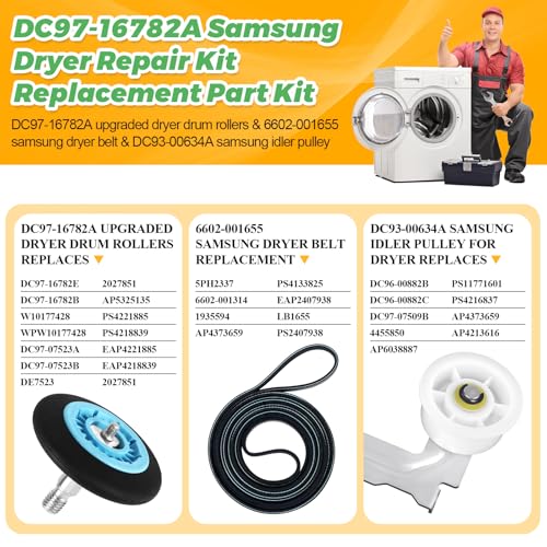 Dryer Repair Kit Fit for Samsung DV42H5000EW/A3 DV45H7000EW/A2 DV42H5200EP/A3 DV40J3000EW/A2, Includes DC97-16782A Samsung Dryer Roller, 6602-001655 Dryer Belt, DC93-00634A Idler Pulley by Techecook