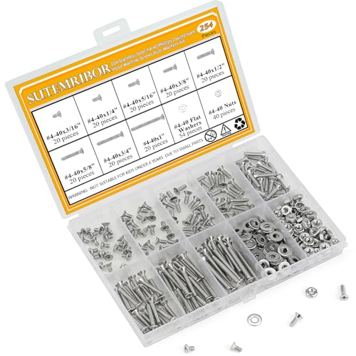 254 Pieces #4-40 x 3/16", 1/4", 5/16", 3/8", 1/2", 5/8", 3/4", 1", Phillips Countersunk Head Machine Screws Nuts Washers Assortment Kit - size: #4-40, style: Phillips Countersunk Head