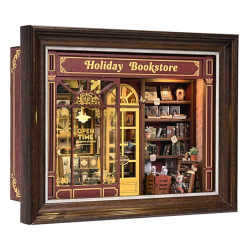 Book Nook Kit-3D Wooden Puzzle with LED Switch Control & Wall-Mountable Frame,DIY Miniature House for Beginners,Bookshelf/Tabletop/Wall Decor for Craft Lovers,Dollhouse Gift,Holiday Bookstore - color: Holiday Bookstore