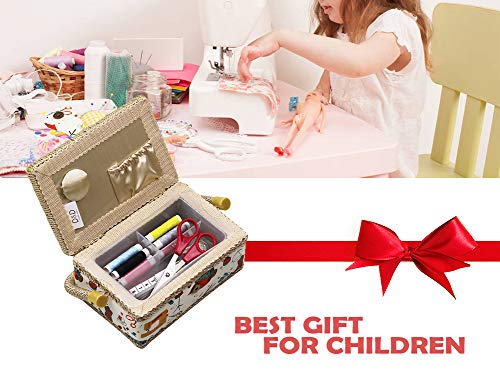 D&D Sewing Basket with Sewing Kit Accessories, Small Sewing Box for Kids, Sewing Theme White