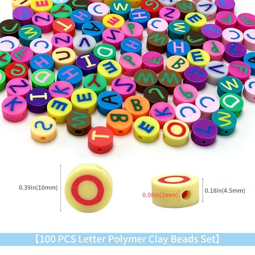 100 pcs Letter Polymer Clay Beads, VEINARDYL 10x4mm Colorful Alphabet Letters Charm Bead for DIY Crafts Earring Necklace Friendship Bracelets Making - color: Letter