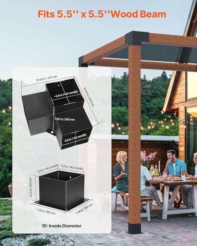 VEVOR Pergola Bracket Kit, 6x6 Inch (Inner Size 5.5x5.5), 4 Pcs 3-Way Heavy Duty Corner Bracket Woodworks DIY Post Base Kit, Easy Installation Wooden Beams for Gazebos, Patio Pergolas, Log Cabin - size: 4PC 3-Way + 4PC Post Base 6*6 SET