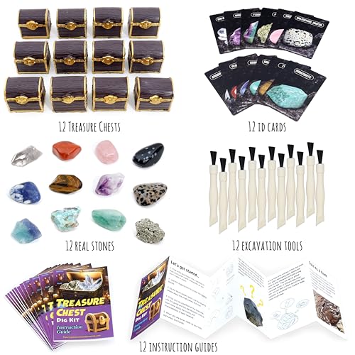 DANCING BEAR Treasure Chest Dig Kit Party Pack for 12 Kids, Excavate 12 Surprise Real Gems & Crystals, STEM Education, Fun Pirate Booty Hunt, Science Activity Gift Sets for Girls and Boys