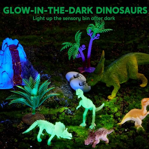 JOVA Klever Kits Dinosaurs Sensory Bin Toys for Kids with Glow in The Dark Dinosaurs, Sandbox with Lid Sand, Preschool Learning Activities Gifts for Boys Girls Age 3+ - style: Dinosaur