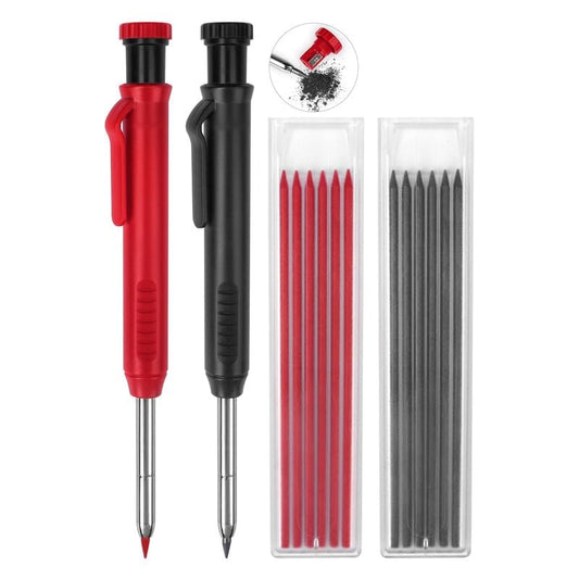 2 Pack Carpenter Pencils Mechanical Pencils with 12 Refills, Construction Pencils with Built-in Sharpener, Long Nib Deep Hole Pencil Marker, Heavy Duty Woodworking Pencil for Architect (2 Colors) - color: Black, Red