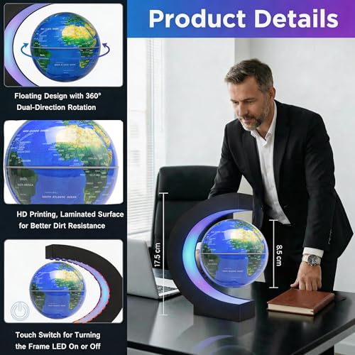 Magnetic Levitation Floating Rotating World Globe with LED Frame Lights, C Shape Levitating Globe, Touch Switch Night Light, Cool Tech Gifts for Men Dad Boys Kids, Office Desk Decor and STEM Gift - color: Blue