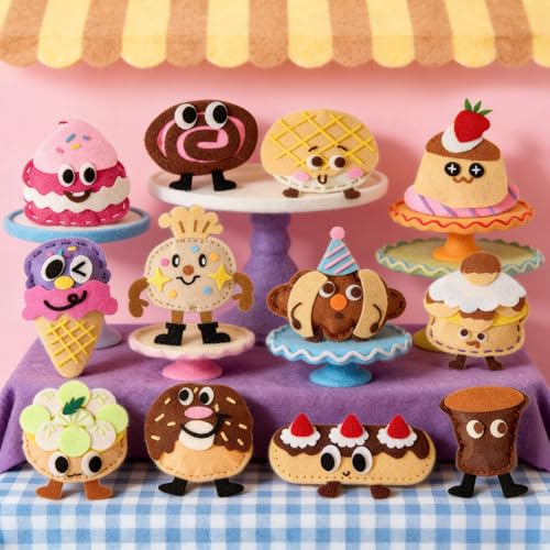 Toylink DIY Sewing Kit for Kids Ages 4-12, 12 Dessert Felt Craft Kit with Pre-Punched Holes, Blunt Plastic Needles, Cotton Stuffing - First Sewing Kit STEM Learning Toys for Girls Boys Birthday Gift - style: Dessert 1