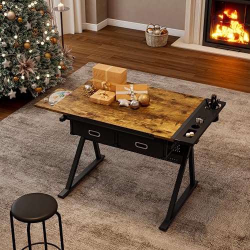38" Adjustable Drafting Table with Stool, Tilting Top and 2 Drawers - color: Brown