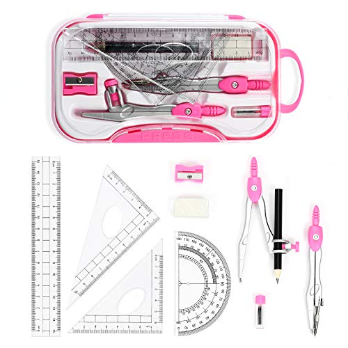Unjoo Geometry Set 10 Pcs Student Supplies, Protractor and Compass (Pink) - color: Red