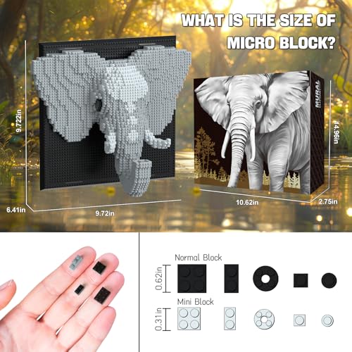 3D Elephant Animal Wall Art Micro Mini Building Blocks Set for Adults, No Compatible with Lego, Unique Table Display & Home Wall Decor, Creative Toy Gift for Chritsmas Birthday (1625 PCS) - style: Elephant