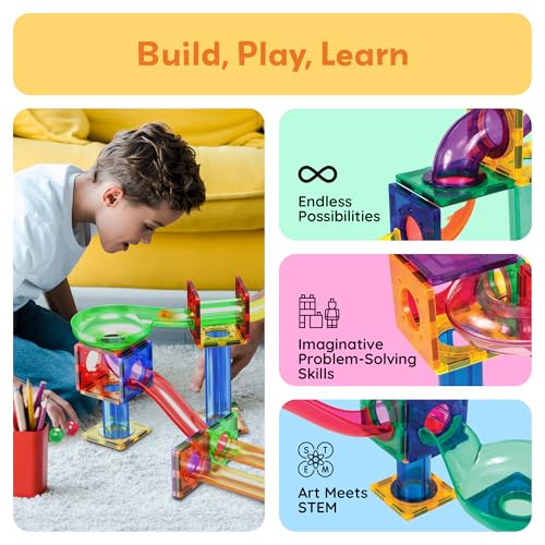 PicassoTiles 50 Piece Magnetic Marble Run Toy STEM Educational Building Set - color: 50 Piece Marble Run