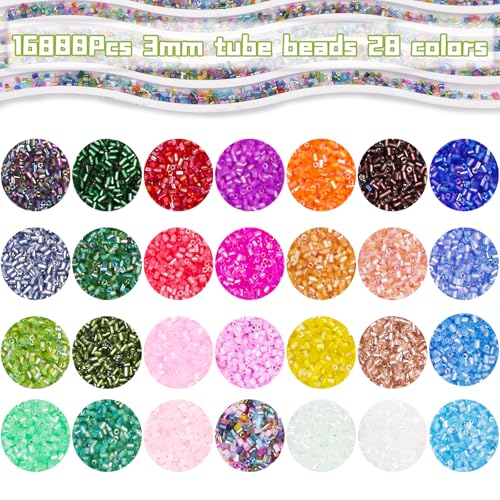 Tube Seed Beads Crafts Glass Bugle Beads Small Craft 3mm with for Jewelry Making Embroidery Decoration (28 Colors, 16800pcs) - size: 3mm