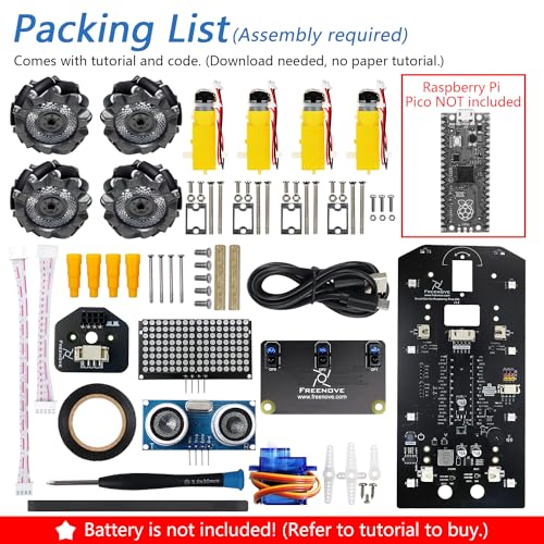 Freenove Mecanum Wheel Car Kit for Raspberry Pi Pico (Not Included) (Compatible with Arduino IDE), Dot Matrix Expressions, Obstacle Avoidance, Line Tracking, Light Tracing, Colorful Light, App - color: Mecanum Wheels without Raspberry Pi Pico