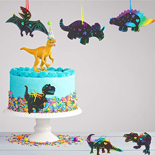 Outus 120pcs Scratch Dinosaur Craft Art Kits for Kids with 48 Scratch Dinosaur Paper24 Wooden Styluses and 48 Ribbons for Theme Birthday Party Game Supplies - size: Medium