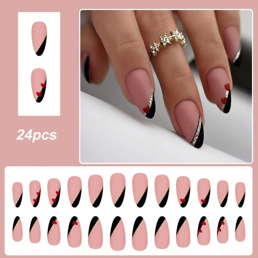 Almond Press on Nails Long Nude Fake Nail Sparkly Glitter with Cute Little Heart Acrylic Nail Press ons Valentines Day Stick on Nails for Women 24pcs - color: Color11
