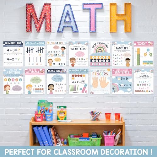 BrightenKidz Math Posters for Classroom, 14 Pack 8.5x11 Boho Educational