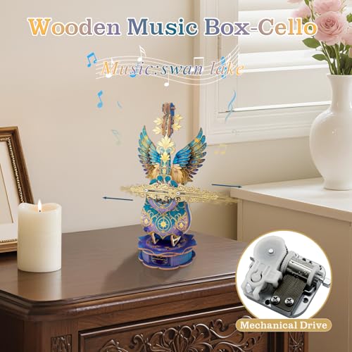 3D Wooden Puzzles for Adults, Feather Cello Music Box Model Kit - color: Blue Feather Cello