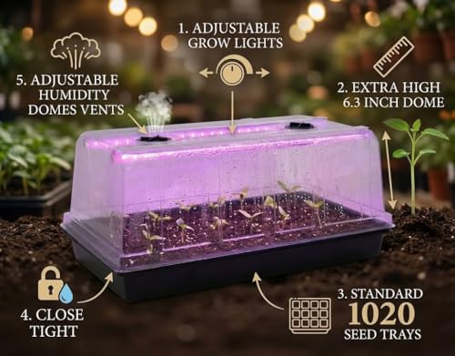 4-Pack 1020 Seed Starter Tray with Grow Light & 6.3" Tall Humidity Dome - size: 4p 1020Trays+6.3''Domes+Lights