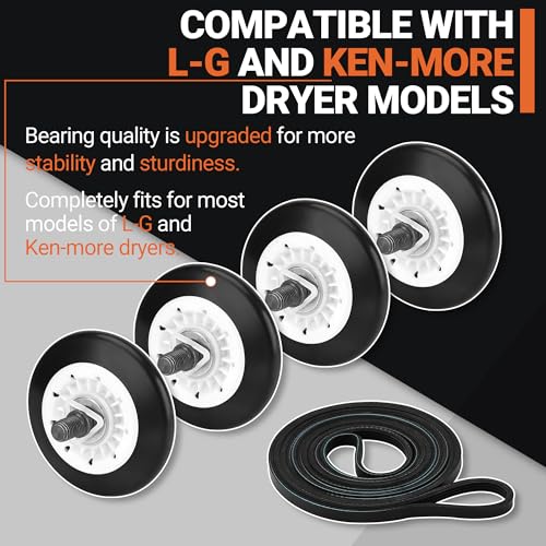 Upgraded Dryer Repair Kit Fits for LG. Kenmore. Gas Dryer Includes 4581EL2002C Dryer Drum Roller Replacement 4400EL2001A Dryer Belt and 4561EL3002A Dryer Idler Pulley by NISHCON - color: Black