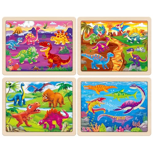 SYNARRY Large Dinosaur Wooden Puzzles for Kids Ages 4-6, 4-in-1 Gift Set - style: Dinosaur