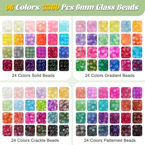 3524pcs Glass Beads Bracelet Making Kit, 4 Types 96 Colors 6mm Glass Beads - size: 6mm