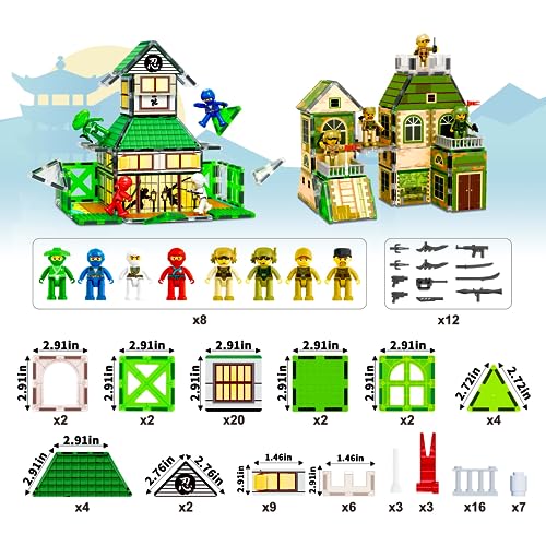 PicassoTiles 102pc Magnet Tile Building Block Ninja & Troop Theme Double Sided Printings 2in1 with 8 Character Figures Magnetic Tiles Construction Playset Fine Motor Skill STEM Educational Age3+ PTQ02 - color: Ninja & Troop