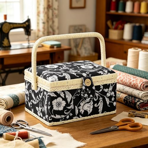 Medium Sewing Basket, Sewing Box with Accessories, Black White Flower - color: BLACK WHITE FLOWER