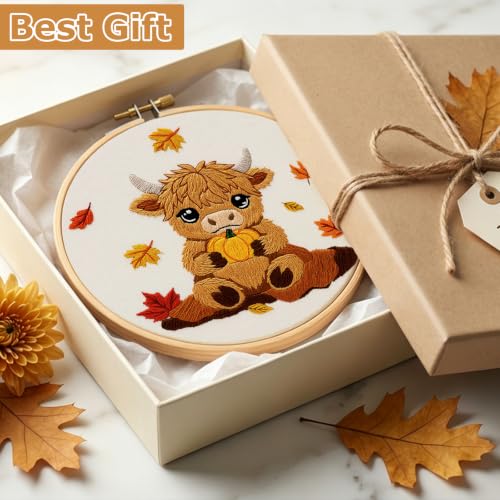Louise Maelys Highland Cow Embroidery Kit for Beginners(Autumn - color: Highland Cow
