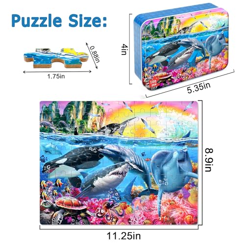 LELEMON Puzzles for Kids Ages 4-6,Underwater World 100 Piece Puzzles for Kids Ages 4-8 in a Metal Box, Educational Jigsaw Puzzles 100 Piece Puzzle Games Puzzle Toys for Girls and Boys - color: Underwater